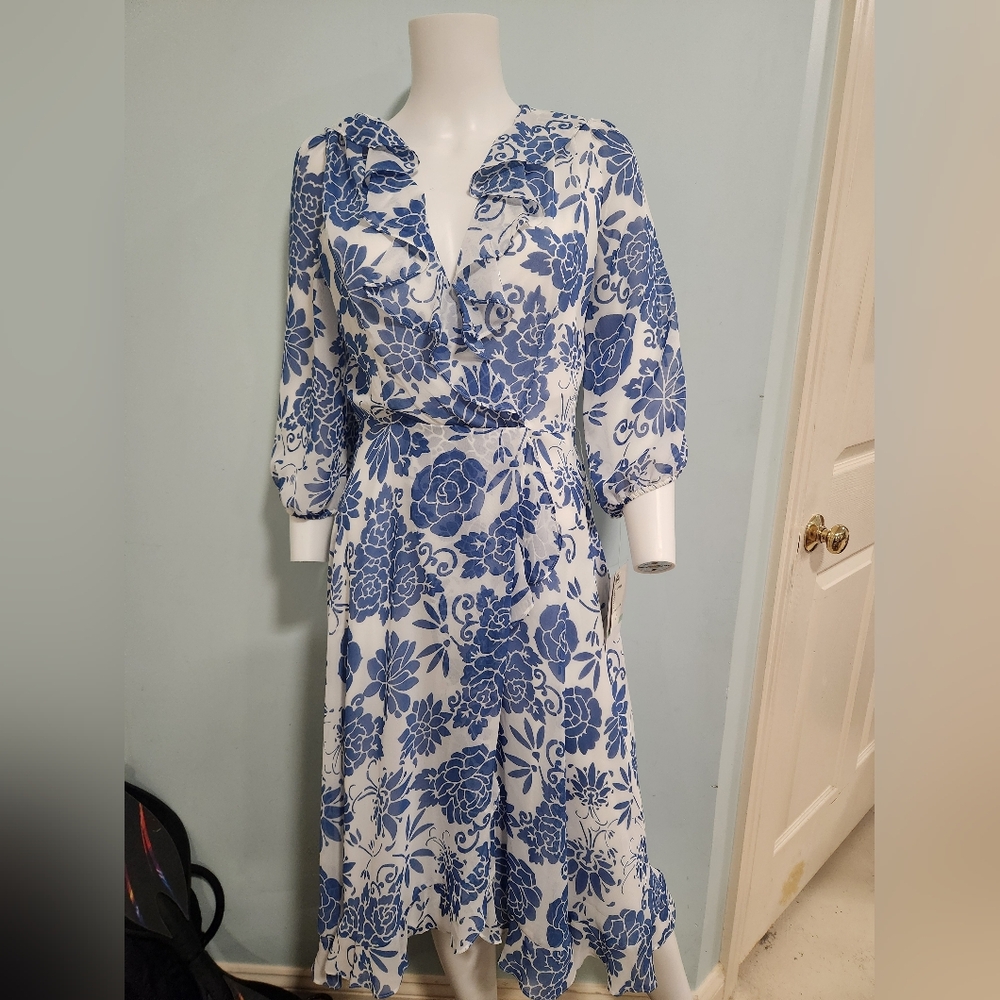 Julian Taylor Blue Floral Ruffle-Trim Midi Dress